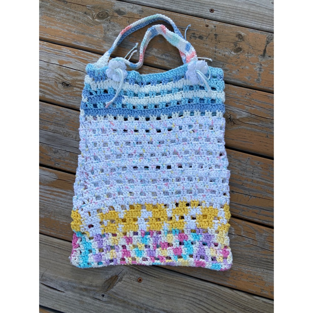 Handmade Crochet Tote Bag Pastel Multi Color Striped Boho Market Bag Floral Trim